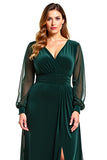 Pine A Line V-Neck Sheer Sleeves Plus Size Mother of the Bride Dress with Slit