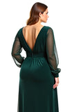 Pine A Line V-Neck Sheer Sleeves Plus Size Mother of the Bride Dress with Slit