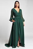 A Line V-Neck Dark Green Long Mother of the Bride Dress With Slit