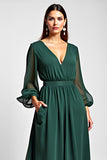 A Line V-Neck Dark Green Long Mother of the Bride Dress With Slit