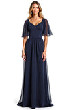 Navy A Line V-Neck Chiffon Flutter Sleeves Long Mother of the Bride Dress