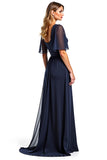 Navy A Line V-Neck Chiffon Flutter Sleeves Long Mother of the Bride Dress