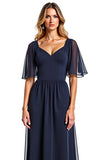 Navy A Line V-Neck Chiffon Flutter Sleeves Long Mother of the Bride Dress