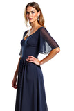 Navy A Line V-Neck Chiffon Flutter Sleeves Long Mother of the Bride Dress