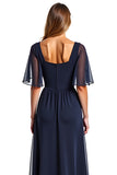 Navy A Line V-Neck Chiffon Flutter Sleeves Long Mother of the Bride Dress