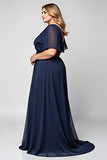 Navy A Line Maxi Chiffon Plus Size Mother of the Bride Dress