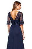 A Line Navy V-Neck Long Mother of the Bride Dress with Sequins