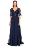 A Line Navy V-Neck Long Mother of the Bride Dress with Sequins