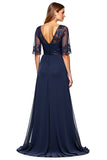 A Line Navy V-Neck Long Mother of the Bride Dress with Sequins