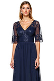 A Line Navy V-Neck Long Mother of the Bride Dress with Sequins