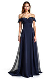 Navy A Line Off the Shoulder Long Chiffon Mother of the Bride Dress
