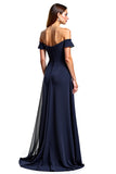 Navy A Line Off the Shoulder Long Chiffon Mother of the Bride Dress