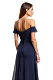 Navy A Line Off the Shoulder Long Chiffon Mother of the Bride Dress