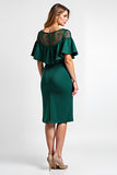 Dark Green Flutter Sleeve Knee Length Mother of the Bride Dress with Lace