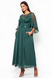 Dark Green A Line Chiffon Tea Length Mother of the Bride Dress with Sequins