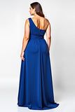 Royal Blue A Line One Shoulder Long Plus Size Mother of the Bride Dress