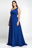 Royal Blue A Line One Shoulder Long Plus Size Mother of the Bride Dress