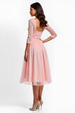 Blush Pink A Line V-Neck Appliqued Midi Mother of the Bride Dress