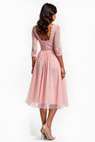 Blush Pink A Line V-Neck Appliqued Midi Mother of the Bride Dress