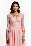 Blush Pink A Line V-Neck Appliqued Midi Mother of the Bride Dress