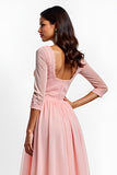 Blush Pink A Line V-Neck Appliqued Midi Mother of the Bride Dress