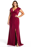 Burgundy Sheath V-Neck Long Plus Size Mother of the Bride Dress with Slit