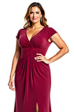 Burgundy Sheath V-Neck Long Plus Size Mother of the Bride Dress with Slit