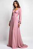 Dusty Rose A Line V-Neck Long Mother of the Bride Dress with Lace Applique