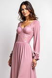 Dusty Rose A Line V-Neck Long Mother of the Bride Dress with Lace Applique