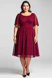 Burgundy A Line Chiffon Midi Plus Size Mother of the Bride Dress