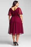 Burgundy A Line Chiffon Midi Plus Size Mother of the Bride Dress