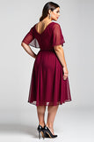 Burgundy A Line Chiffon Midi Plus Size Mother of the Bride Dress