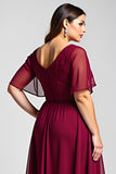 Burgundy A Line Chiffon Midi Plus Size Mother of the Bride Dress