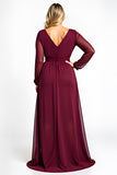 V Neck Burgundy A Line Plus Size Long Mother of the Bride Dress
