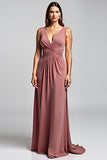 Desert Rose V-Neck Ruched Sleeveless Long Mother of the Bride Dress