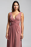 Desert Rose V-Neck Ruched Sleeveless Long Mother of the Bride Dress