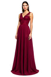 Burgundy A Line V Neck Chiffon Formal Dress with Lace Appliques
