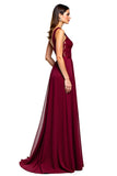 Burgundy A Line V Neck Chiffon Formal Dress with Lace Appliques