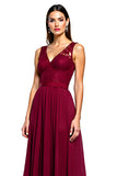 Burgundy A Line V Neck Chiffon Formal Dress with Lace Appliques