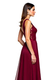 Burgundy A Line V Neck Chiffon Formal Dress with Lace Appliques