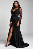 Black V-Neck Long Sleeves Appliqued Chiffon Formal Dress with Slit