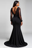 Black V-Neck Long Sleeves Appliqued Chiffon Formal Dress with Slit