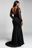 Black V-Neck Long Sleeves Appliqued Chiffon Formal Dress with Slit
