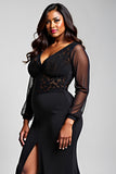 Black V-Neck Long Sleeves Appliqued Chiffon Formal Dress with Slit
