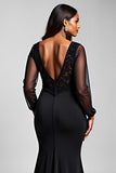 Black V-Neck Long Sleeves Appliqued Chiffon Formal Dress with Slit