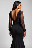 Black V-Neck Long Sleeves Appliqued Chiffon Formal Dress with Slit
