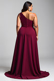 Burgundy One Shoulder A Line Long Chiffon Plus Size Formal Dress