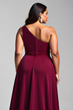 Burgundy One Shoulder A Line Long Chiffon Plus Size Formal Dress