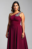 Burgundy One Shoulder A Line Long Chiffon Plus Size Formal Dress