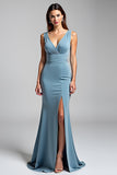 Dusty Blue V Neck Mermaid Satin Formal Dress with Slit